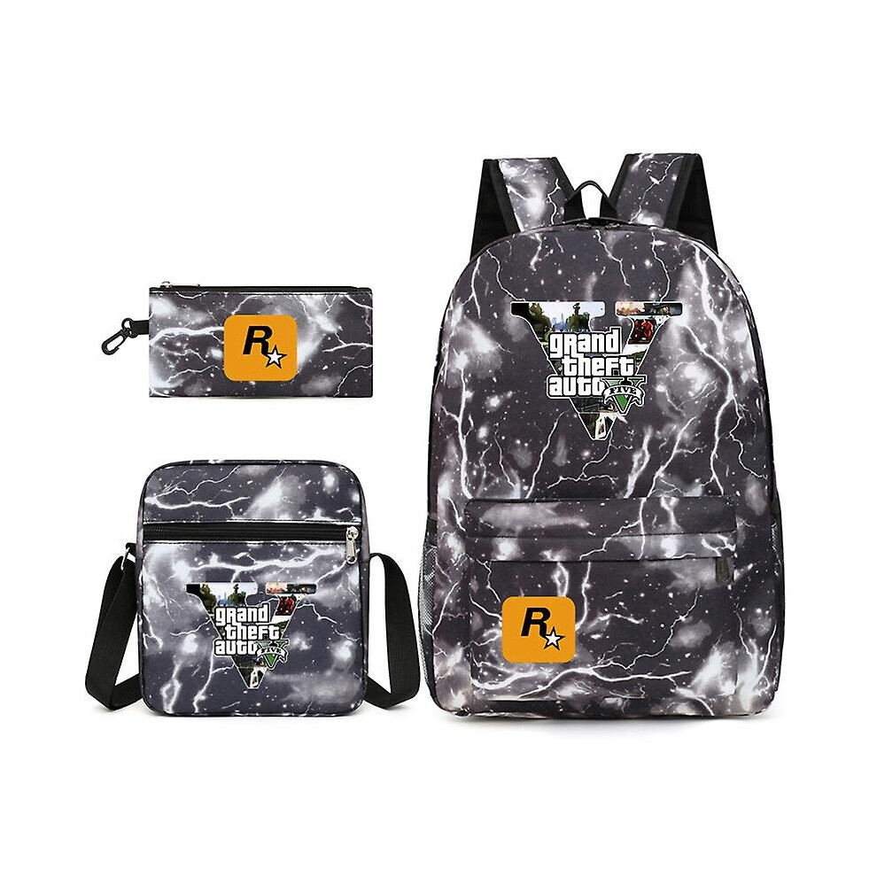 (Black Lightning) 3pcs Gta5 Grand Theft Auto Student Schoolbag Backpack Small Shoulder Bag Pen Bag