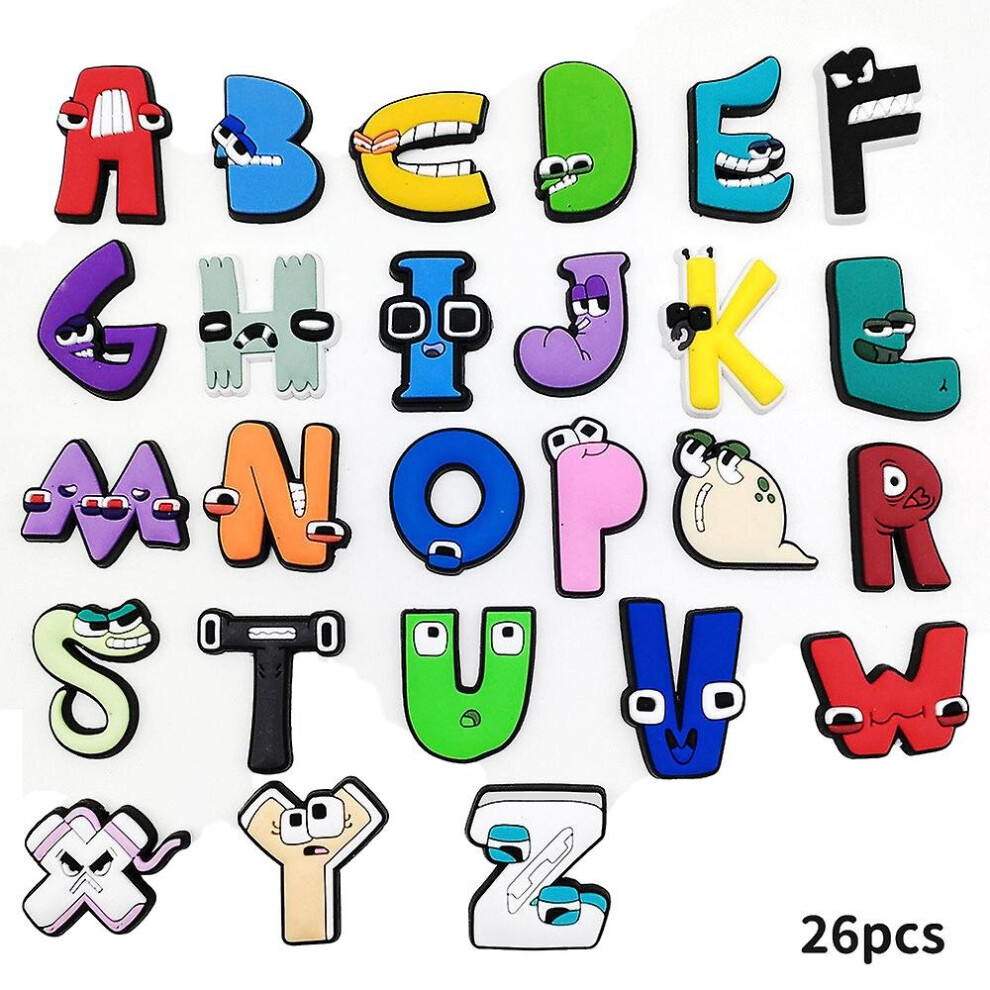 26pcs Alphabet Lore Theme Shoe Decoration Cartoon Letter Shoe Charms For Diy Croc Clog Sandals Wristband Bracelet Decor Accessories Party Favors