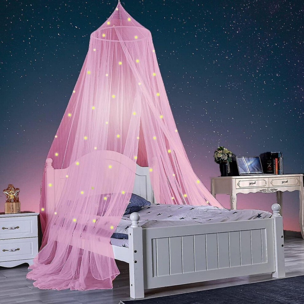 (Pink, L) 1 Set Glow-in-the-dark Polyester Stars Princess Dome Bed Canopy