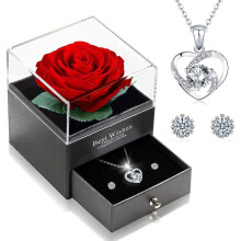 Eternal Real Rose With Heart Necklace Earrings 925 Sterling Silver Jewelry Gift Box Rose Box Birthday Valentine's Day Wedding Anniversary Gift For Gir