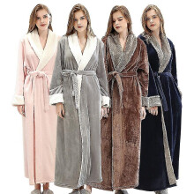 (Grey, L) Womens Dressing Gown Bath Robe Warm Soft Fleece Long Robes Nightgown