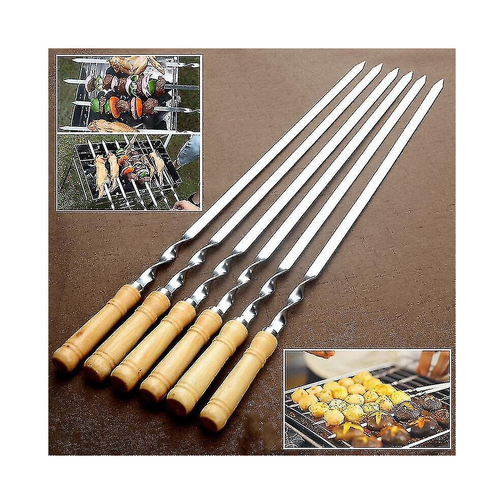 6pcs Stainless Steel Bbq Flat Skewers Outdoors Grill Long Handle Barbecue Stick