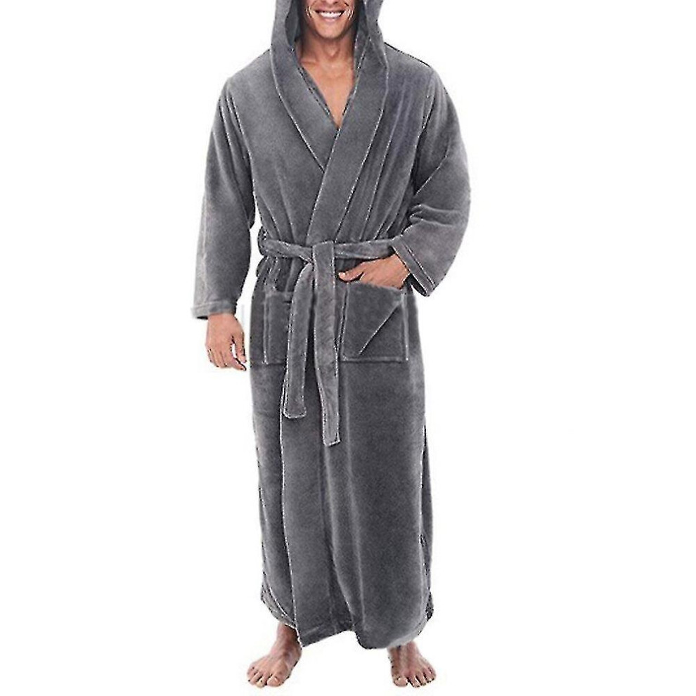 (Grey, L) Men's Winter Warm Hooded Fleece Long Dressing Gown Bathrobe Towelling Bath Robe