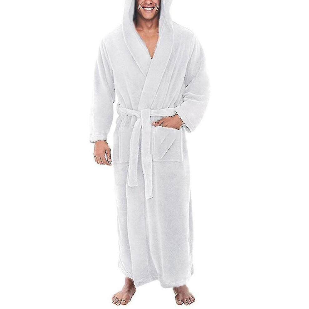 (White, M) Men's Winter Warm Hooded Fleece Long Dressing Gown Bathrobe Towelling Bath Robe