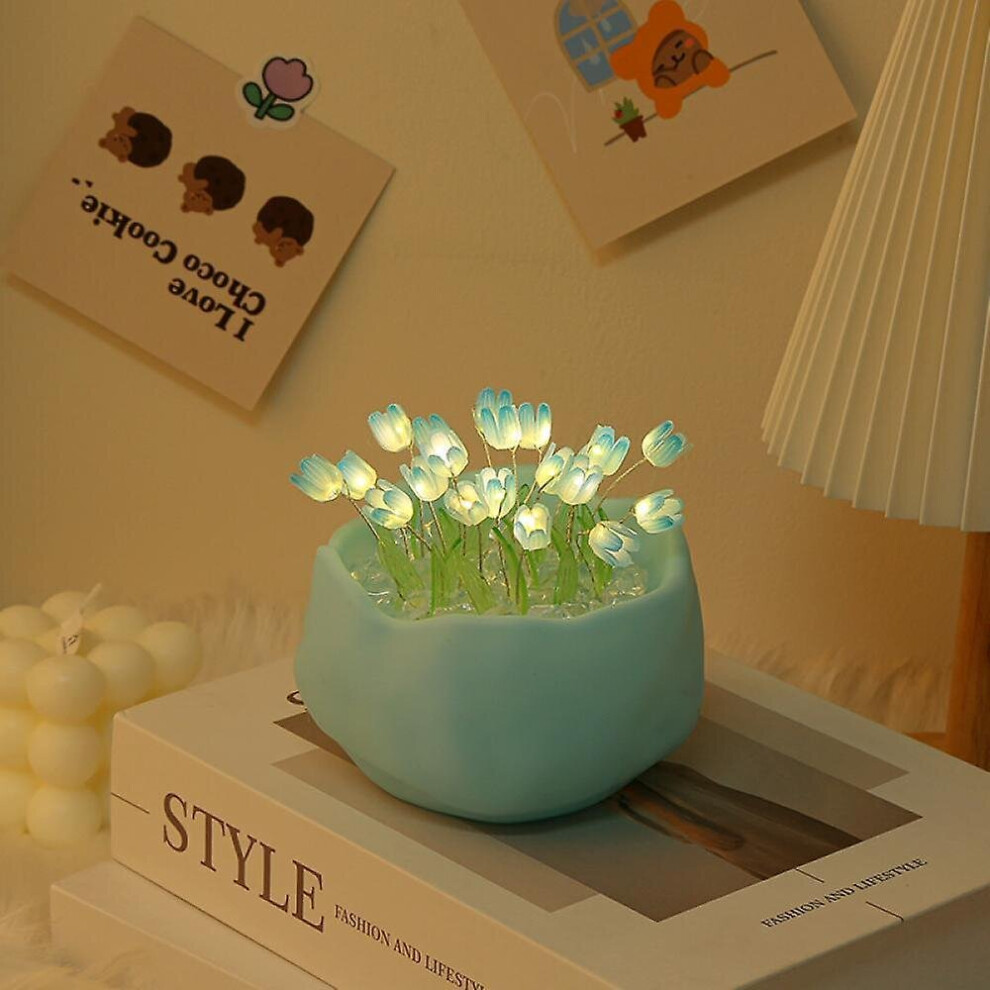 Handmade Tulip Night Light, Diy Home Decoration Simulation Flower Bedroom Table Lamp Friends Gift Decoration Desk Ornaments 10 Flowers(blue)