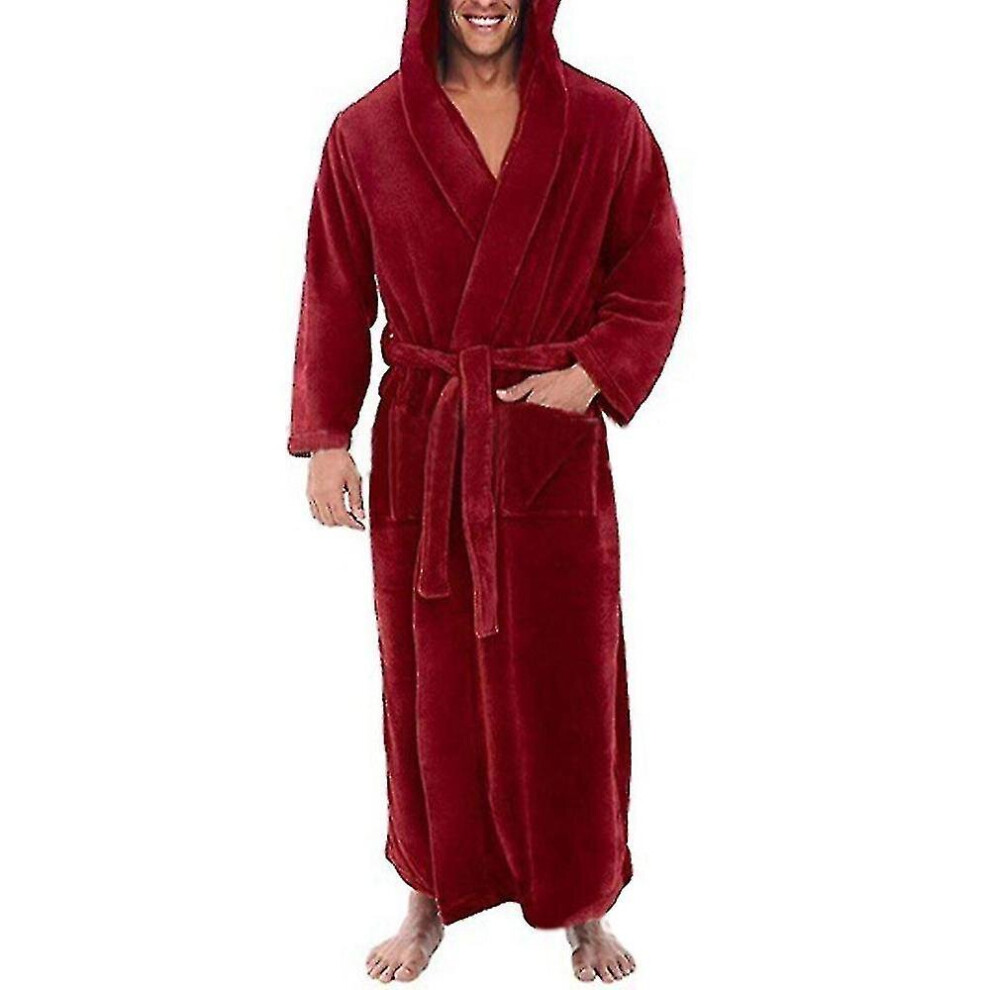 (Red, L) Men's Winter Warm Hooded Fleece Long Dressing Gown Bathrobe Towelling Bath Robe