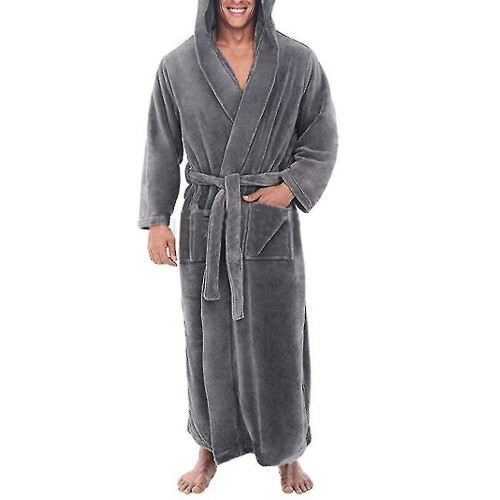 (Grey, 2XL) Men's Winter Warm Hooded Fleece Long Dressing Gown Bathrobe Towelling Bath Robe