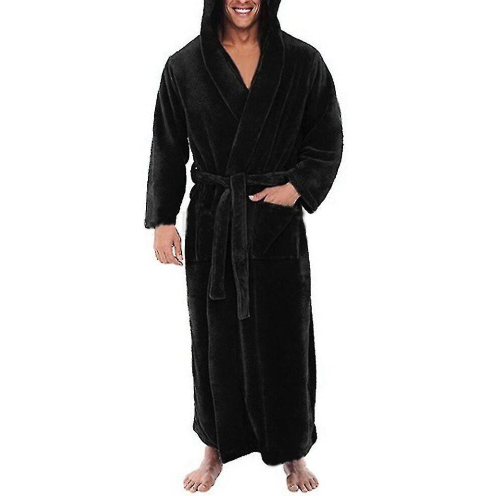 (Black, M) Men's Winter Warm Hooded Fleece Long Dressing Gown Bathrobe Towelling Bath Robe