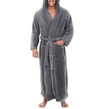 (Grey, 3XL) Men's Winter Warm Hooded Fleece Long Dressing Gown Bathrobe Towelling Bath Robe