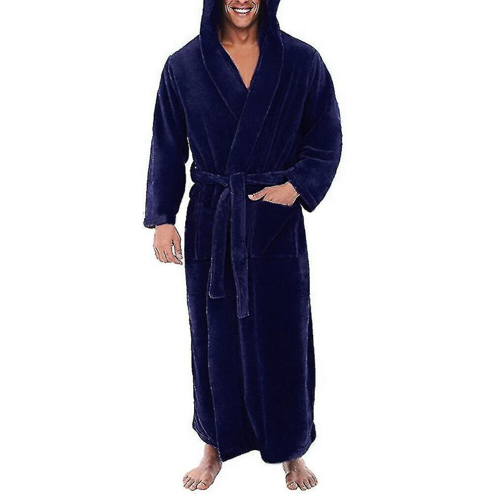 (Blue, L) Men's Winter Warm Hooded Fleece Long Dressing Gown Bathrobe Towelling Bath Robe