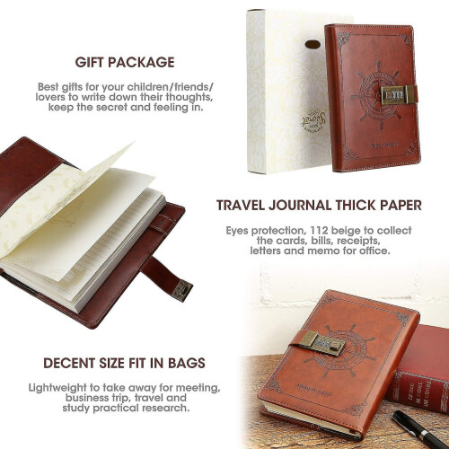 Diary With Lock Leather Journal Password Combination Lock Notebook Secret Journal Writing Notebook Pu Brown Style 1