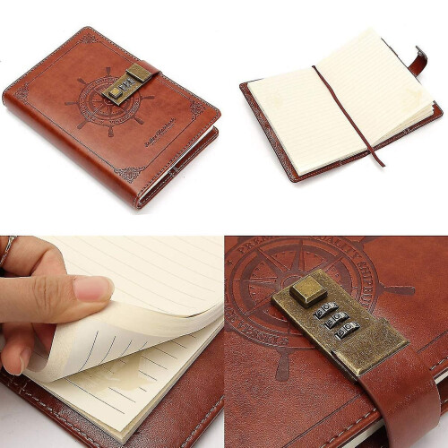 Diary With Lock Leather Journal Password Combination Lock Notebook Secret Journal Writing Notebook Pu Brown Style 2