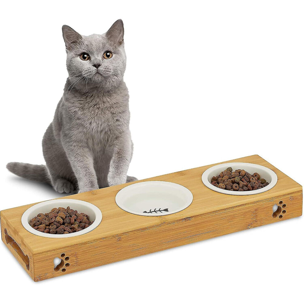 Pet Feeder Three Bowl With Bamboo Stand For Dog And Cat