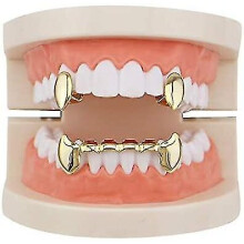 18k Gold Plated Grillz Vampire Dracula Teeth Grillz 2pc Single Fangs And 6 Bottom Grillz Set