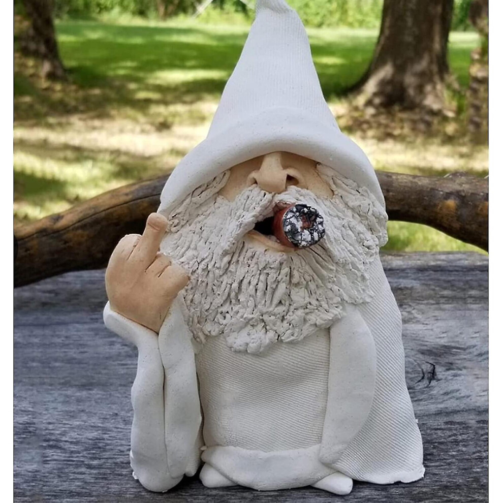 Garden Gnome, 3D Smoking Sorcerer,Polyresin Outdoor Sculpture With Middle Finger Garden Statue White