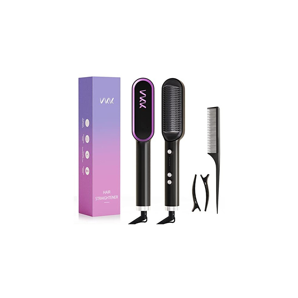 Vkk Hair Straightener Brush, Hair Straightener Comb With 25S Fast Heating Ceramic Ptc, 5 Temp Settings & Anti-Scald, Professional Hair Tools Black