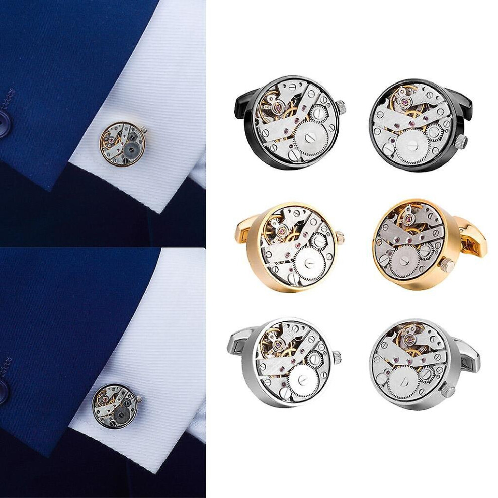 3 Pairs Gothic Brass Cufflinks Watch Movements Mechanical Gear Cuff Links