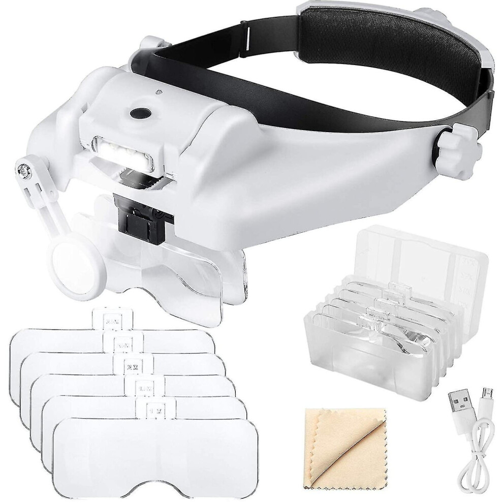 1X To 14X Headband Magnifier With Led Handsfree Head Mount Magnifying Glass Visor Headset Loupe Tools For Professional Jewelry Close Work Sewin Light
