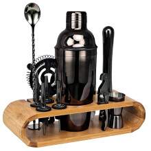 (piano black) New Bartender Set Oval Bamboo Wood Stand Base Cocktail Bartender Rose Gold Black 12-piece Set(750ml)