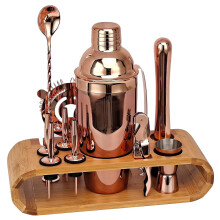 (rose gold) New Bartender Set Oval Bamboo Wood Stand Base Cocktail Bartender Rose Gold Black 12-piece Set(750ml)
