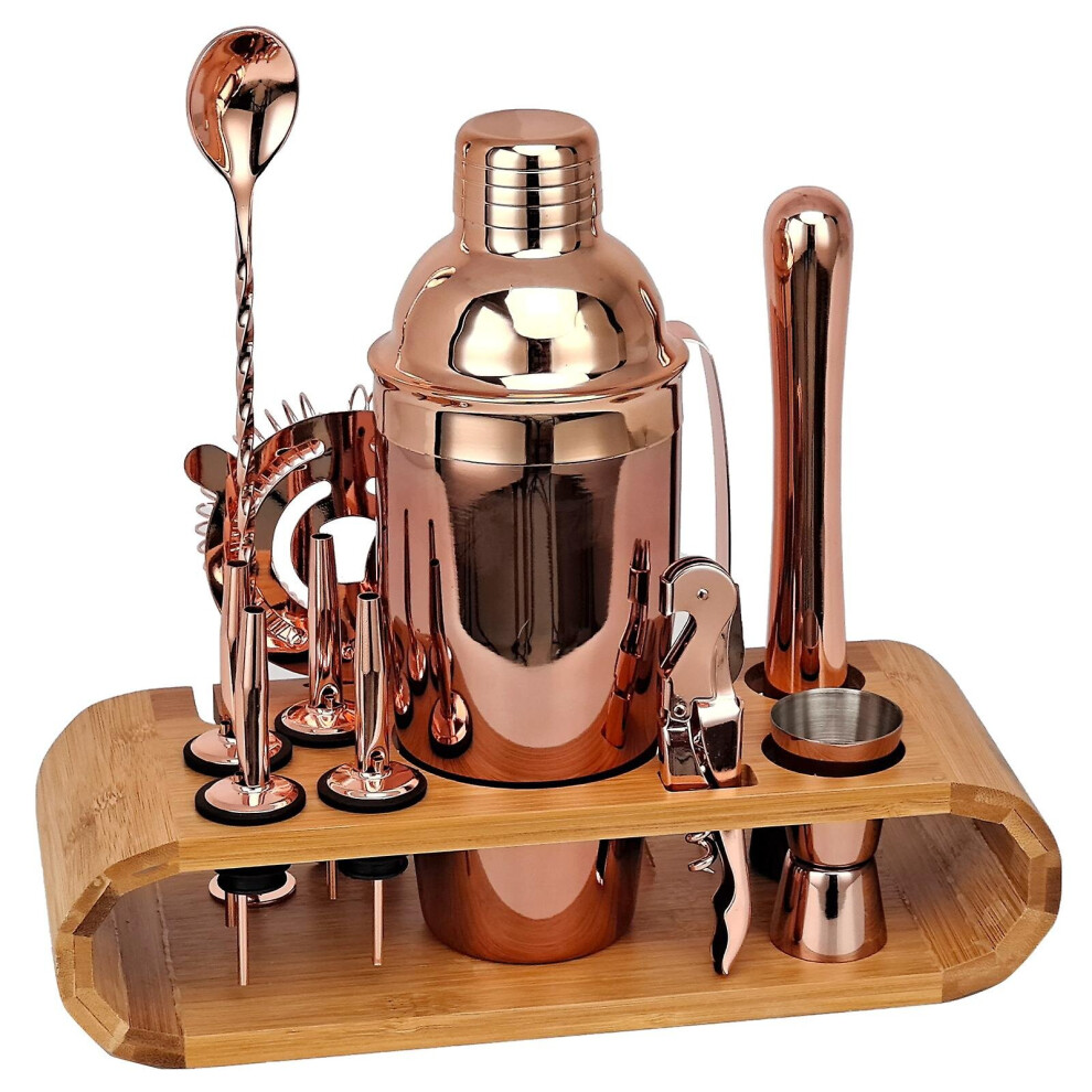 (rose gold) New Bartender Set Oval Bamboo Wood Stand Base Cocktail Bartender Rose Gold Black 12-piece Set(750ml)