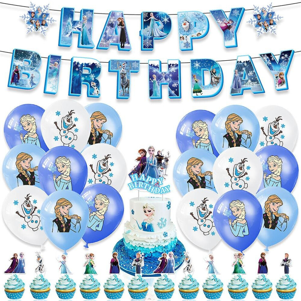 Frozen Cartoon Movie Theme Kids Birthday Party Supplies Decorations Happy Birthday Banner Flag Balloons Cupcake Cake Topper Set
