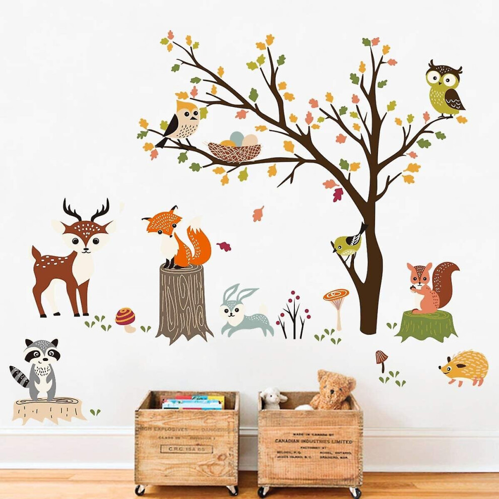 Wabjtam Wall Decals Animals Tree Owl Fox Deer Wall Stickers Kids Bedroom Baby Nursery Wall Decor