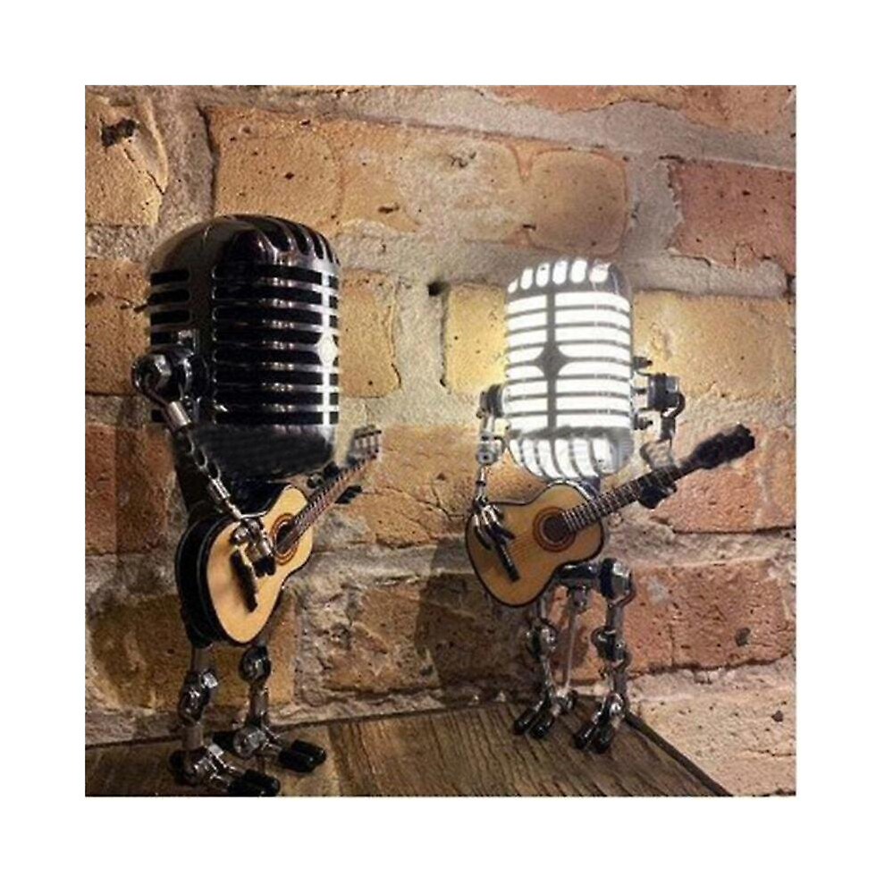 Usb Retro Style Microphone Robot Lamp Holding Guitar With Light Vintage Home Decoration