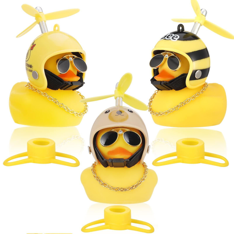 3 Pcs Duck Car Dashboard Decorations, Rubber Duck Toy Ornaments With Cool Propeller Helmet Chain Yellow/Gold