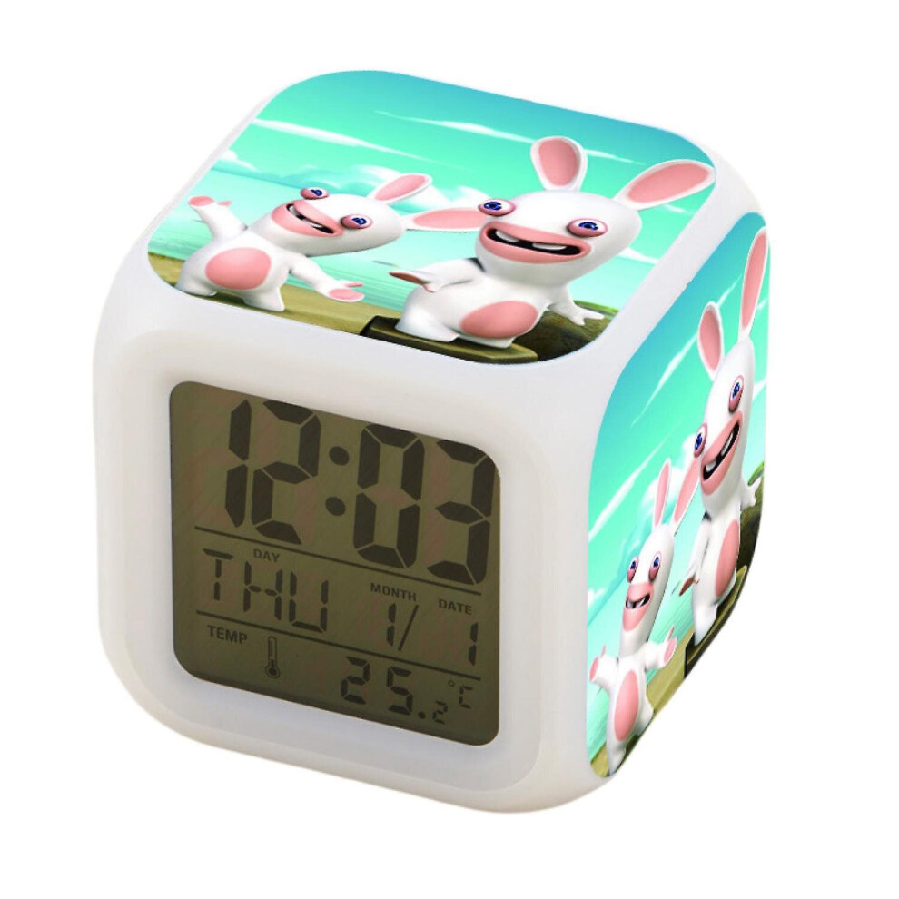 Led Digital Bedroom Alarm Clock Easy Setting Cube Wake Up Clocks With 4 Sided Rabbids Invasion  Soft Night Light Large Display Ascending Sound 7