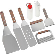 8-Piece Heavy-Duty Stainless Steel BBQ Tools Set with Spatulas, Flipper, Scraper & Cutter - Ideal for Teppanyaki, Griddles & Grilling