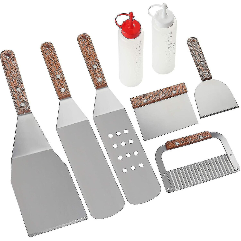 8-Piece Heavy-Duty Stainless Steel BBQ Tools Set with Spatulas, Flipper, Scraper & Cutter - Ideal for Teppanyaki, Griddles & Grilling