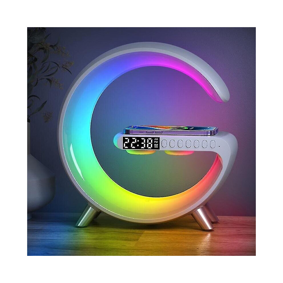 (White) Multifunctional Wireless Charger Alarm Clock Speaker, App Control Rgb Night Light, Wireless Charging Station