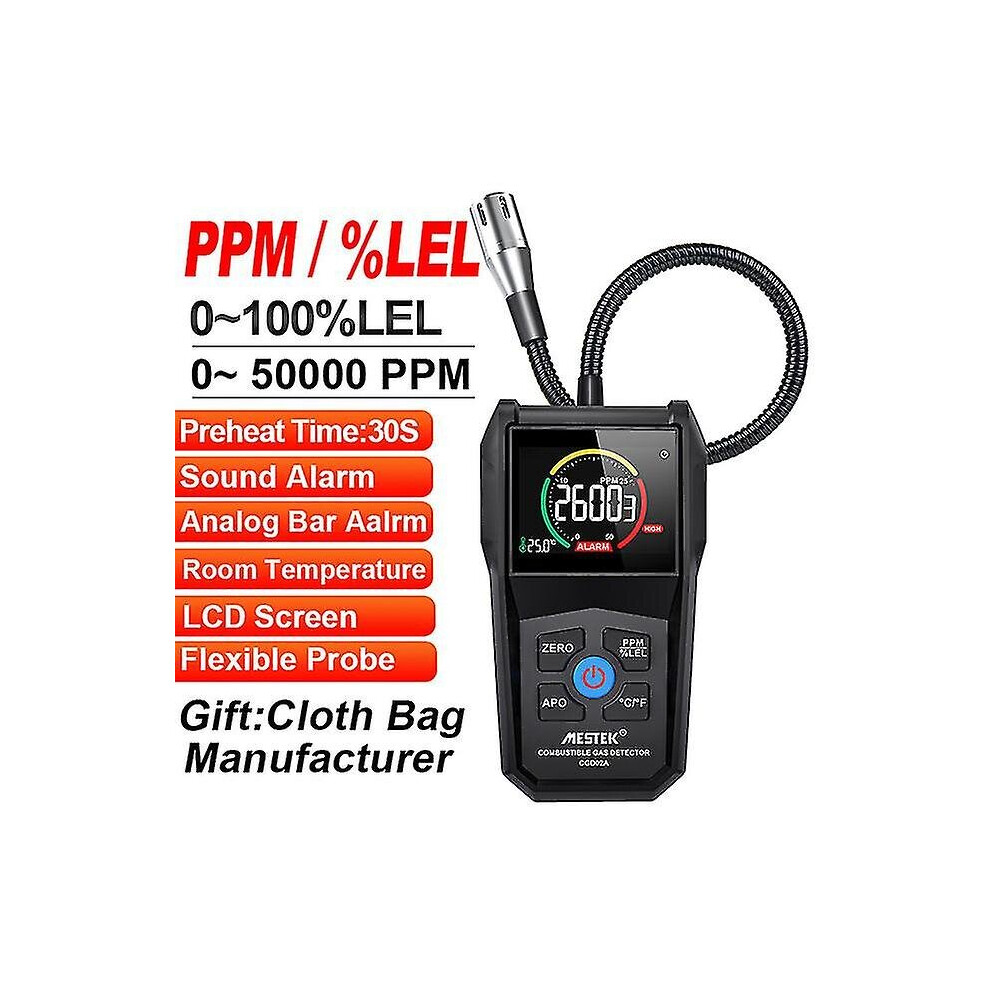 Combustible Gas Detector Analyzer Monitor Sound Alarm Analog Bar Aalrm Temp Lcd Screen With Flexible Probe 50000 Ppm 100% Lel