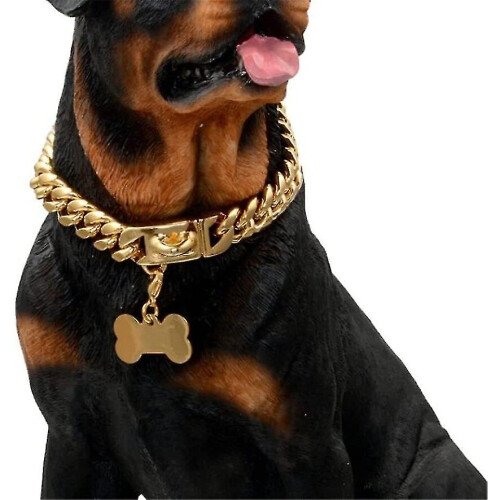Gold Dog Chain Choke Collar,solid Cuban Link Strong, Heavy Duty Chew Resistant With Design Secure Buckle And Blank Bone Shape Id Tag12in