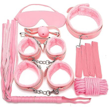 7pcs/set Leather Bodaged Kit Adlt Explay Hndcffs/whps/ball Gg/rope/collr Bdm