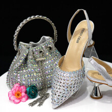 (Sliver, 43) Italian Design Shoe And Bag Set High Quality Handmade Lady Evening Banquet Shoes