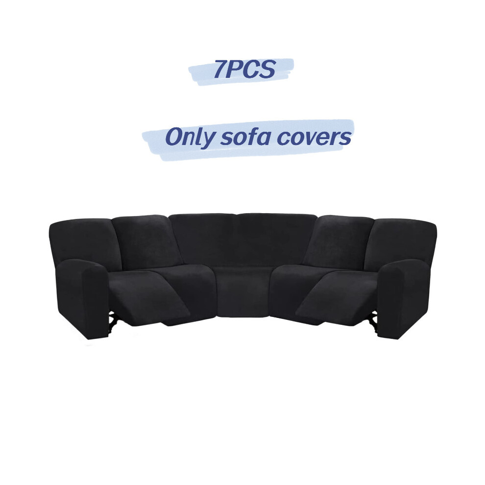 (Black 7PCS) Full Elastic Cover Sofa Slipcover 5 Seater Corner Recliner Sectional Couchcover