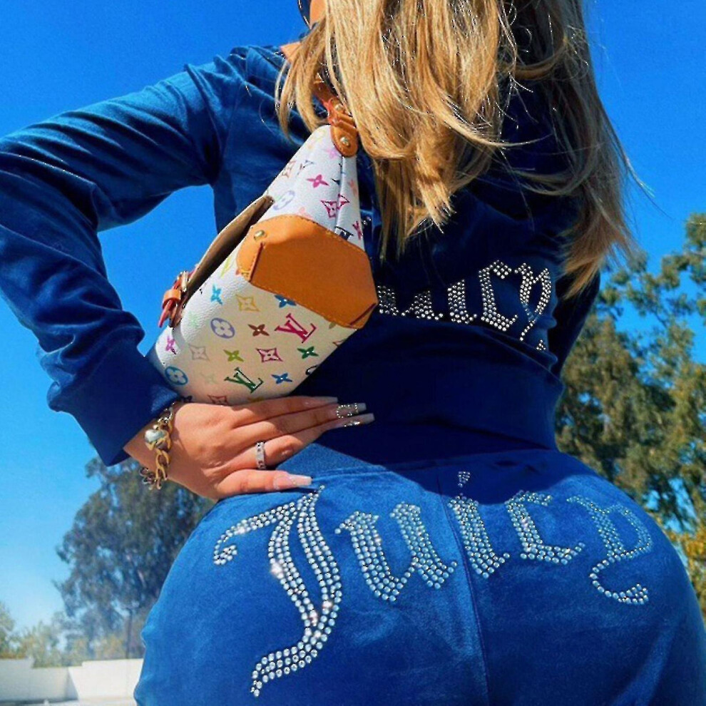 (Blue, XL) Women Velvet Juicy Tracksuit Couture Tracksuit Two Piece Set Couture Sweatsuits Rx