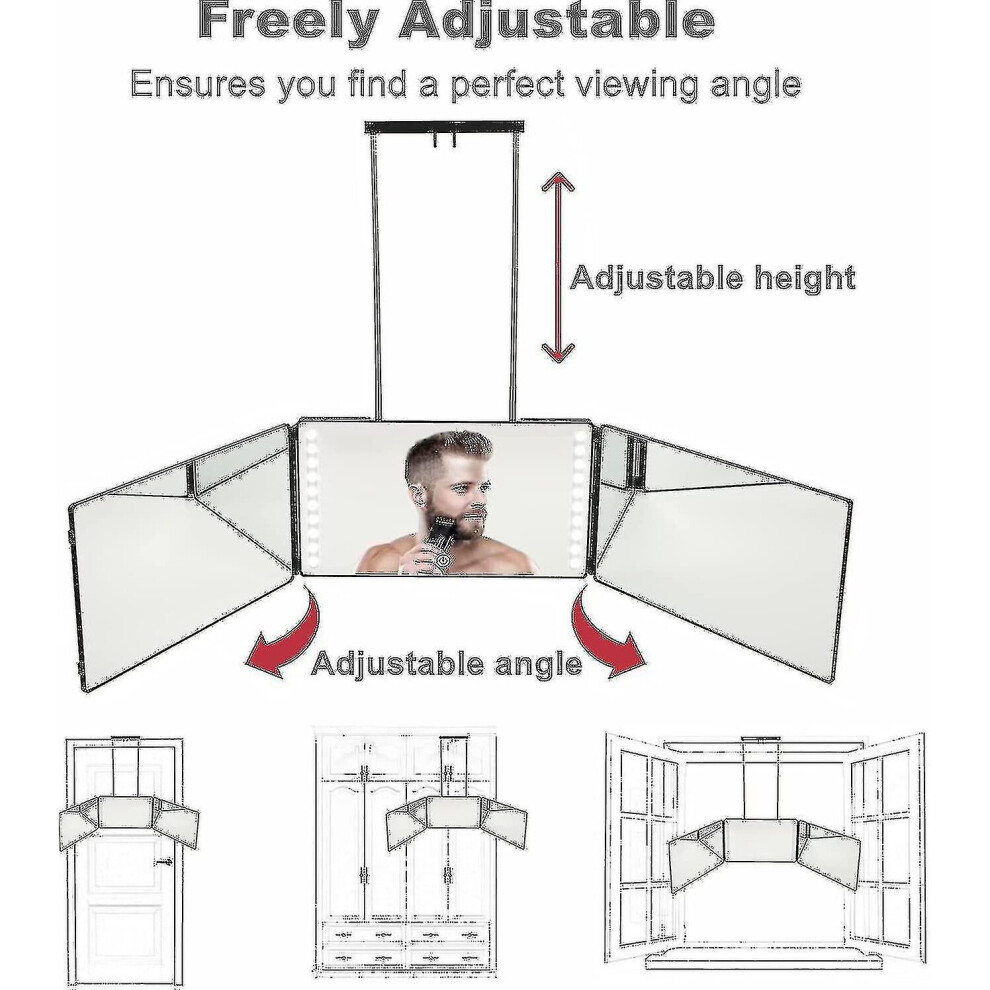 3 Way Mirror With Led Light,360 Mirror,trifold Portable Barber Mirror,height Adjustable Hanging Mirror For Self Hair Cutting,shaving,styling And More.