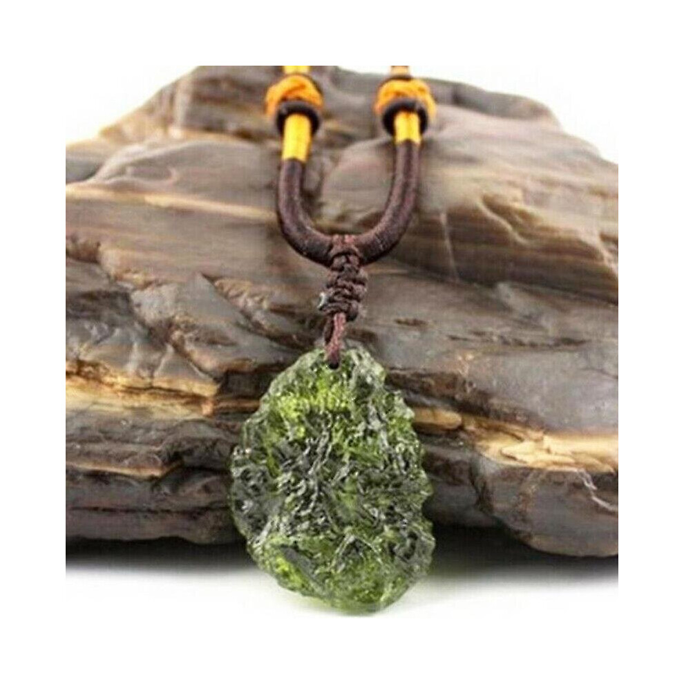 Natural Moldavite Green Crystal Stone Pendant Necklace / Men Ladies Rough Moldavite Stone Irregular Pendant Rope Necklaces / Natural Crystal Energy St