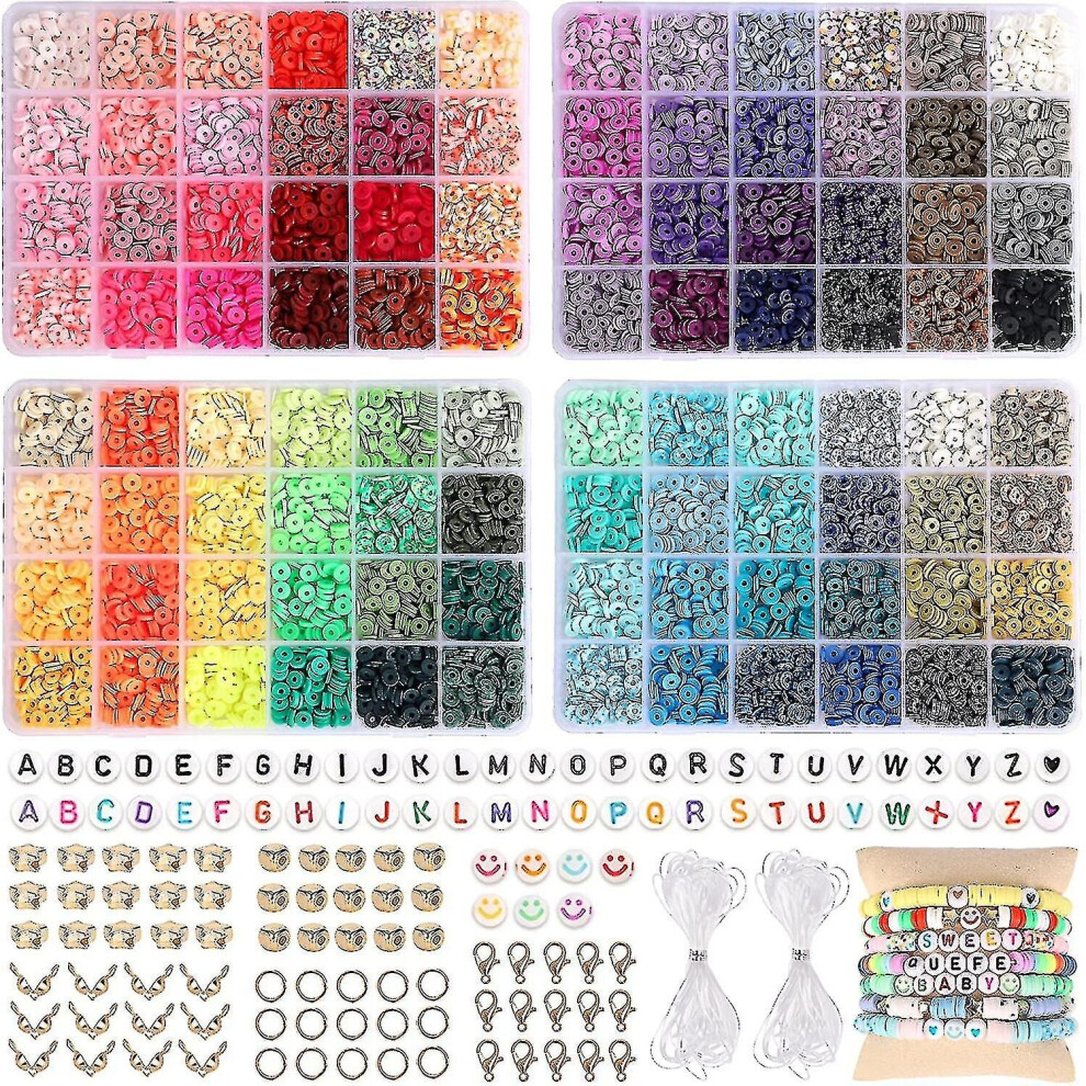 9600 Clay Beads For Jewelry Making Kit, 96 Colors Spaced Black Stone Beads Flat Round Polymer Clay Beads With Letter Beads Smiley Beads And Elastic St