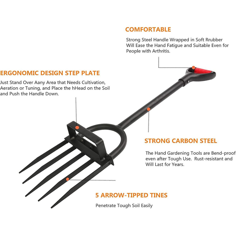5-tine Heavy Duty Pitch Fork For Gardening - Long Handled Digging Fork Garden Claw Weeder