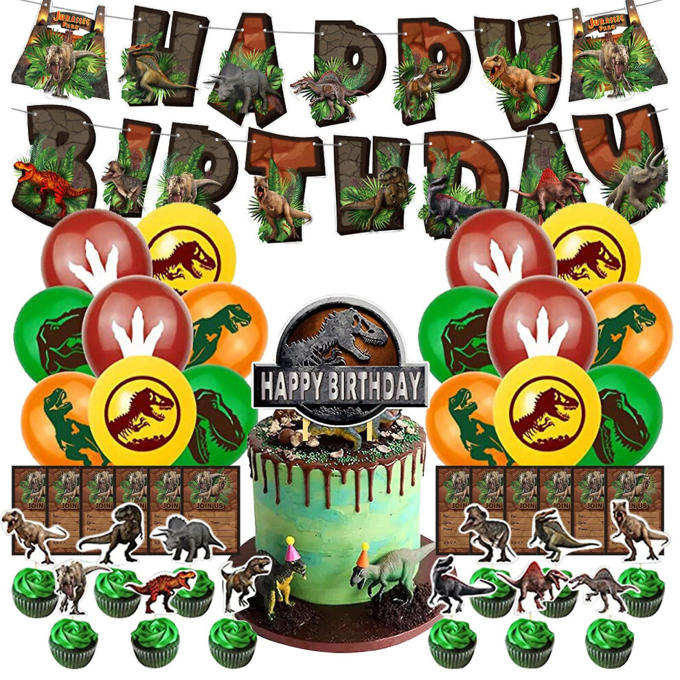 42pcs Birthday Banner Party Decoration Set Dinosaur Theme Background Cake Topper