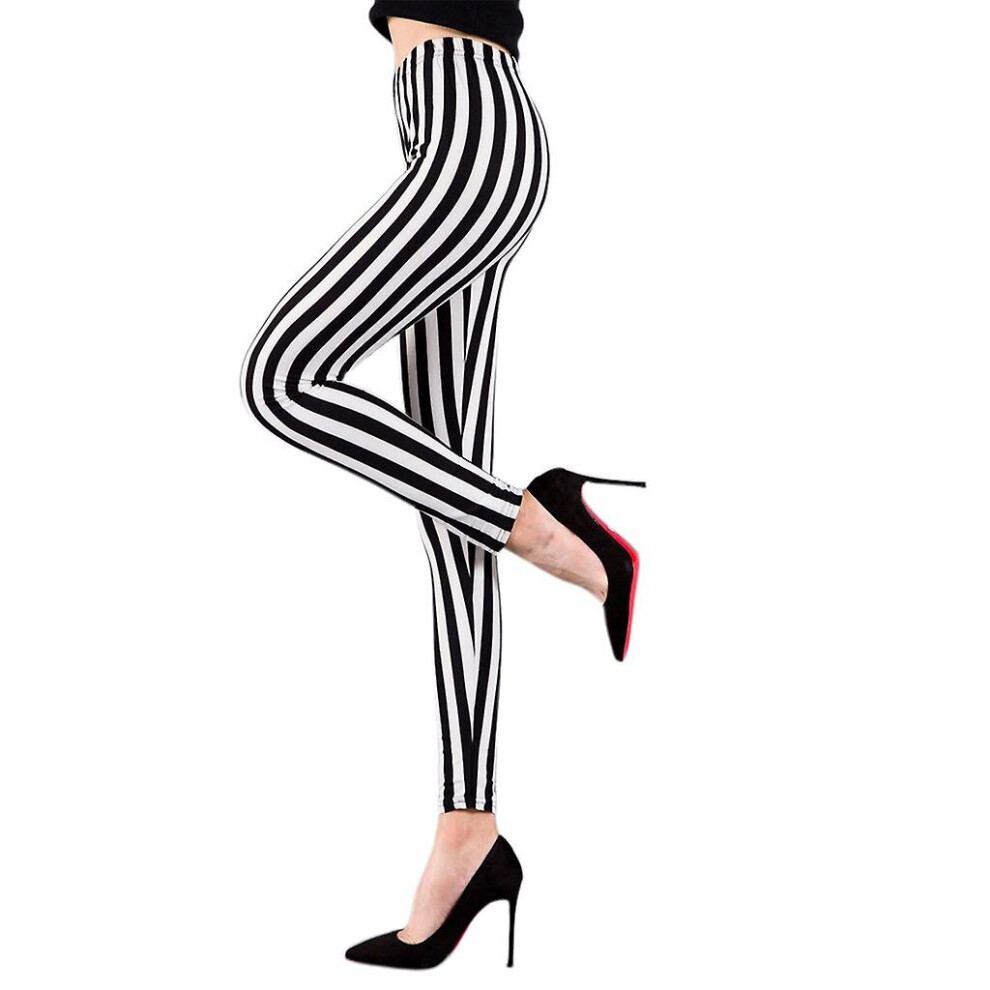 Womens Mid Rise Ankle Length Stretchy Leggings Black White Vertical Striped Prin White,Black
