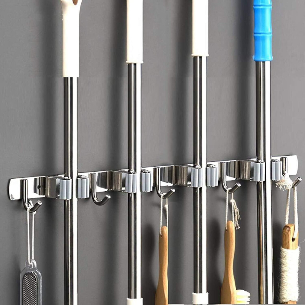 Wall Broom - Stainless Steel Broom Holder, Storage Hanger Holder For Kitchen, Garage, Laundry Room (4 Locations And 5 Hooks)