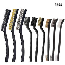 Wire Brush Set Scratch Brush Set For Cleaning Welding Slag Rust And Dust Curved Handle Stainless Steel And Brass Black 9-pack