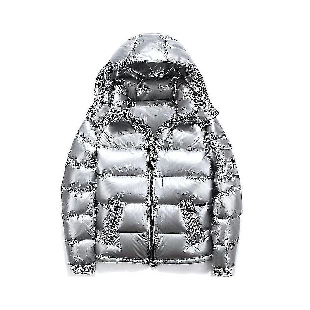 (Silver, XL) Shiny Down Jacket Winter Jacket Stand Collar Down Jacket With Hood