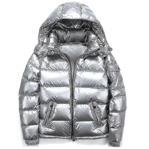 (Silver, M) Shiny Down Jacket Winter Jacket Stand Collar Down Jacket With Hood