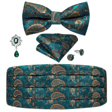 (YF-3006-0021) Men's Cummerbunds Silk Paisley Red Tuxedo Cummerbunds Bow Tie Pocket Square Brooch Set Men Wedding Party Waistband